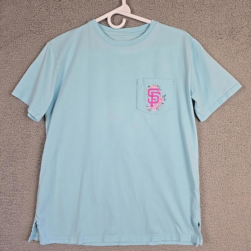 Majestic T-Shirt Size Small Blue Short Sleeve Pink Floral San Francisco Giants